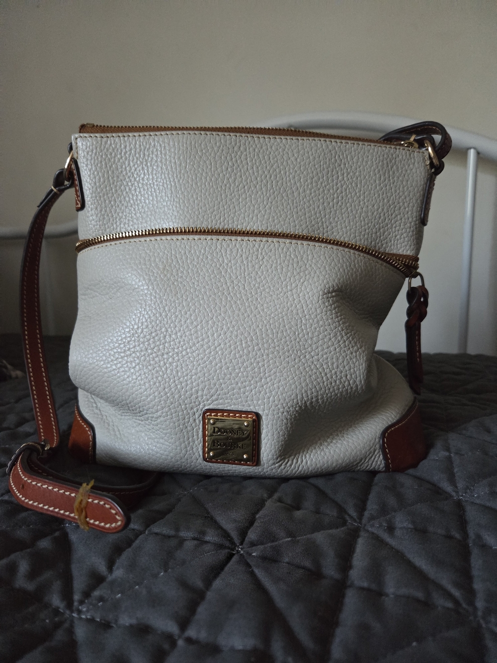 Dooney & Bourke Cream Pebbled Leather Crossbody with Brown Trim